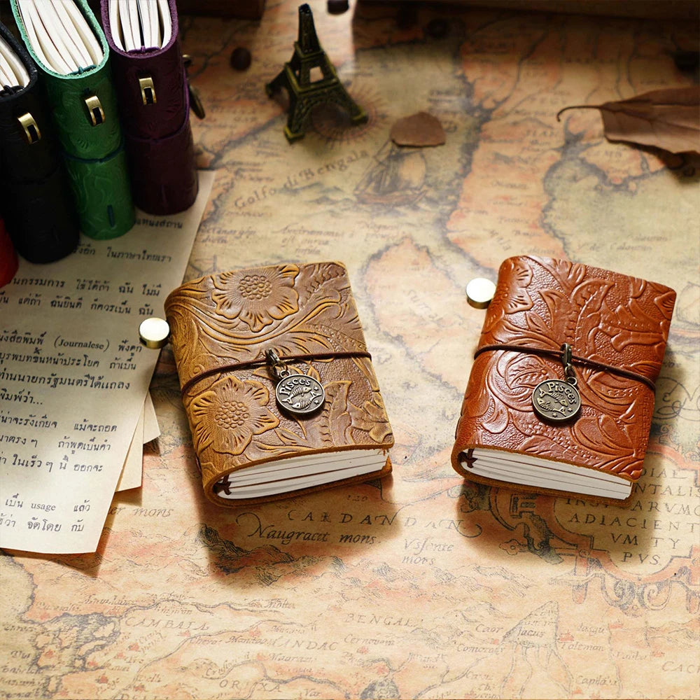 Genuine Leather Traveler's Notebook Carved Pattern Planner Mini Notebooks Journal Handmade Diary Sketchbook Planner Stationery