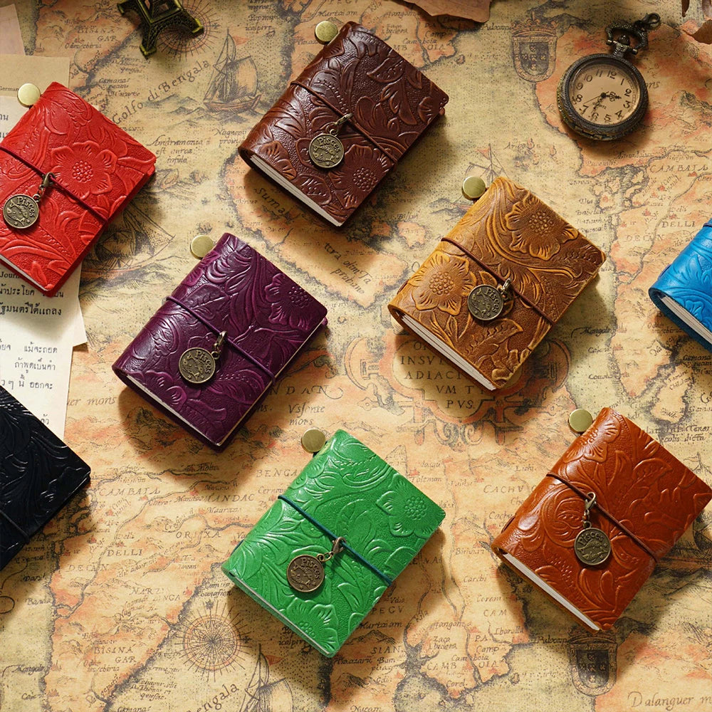 Genuine Leather Traveler's Notebook Carved Pattern Planner Mini Notebooks Journal Handmade Diary Sketchbook Planner Stationery