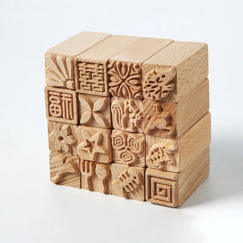 Hand Carved Wooden Stamps For Scrapbooking Sculpture DIY Clay Tools Pottery Printing Blocks Square Emboss Squirrel Leaf Flower