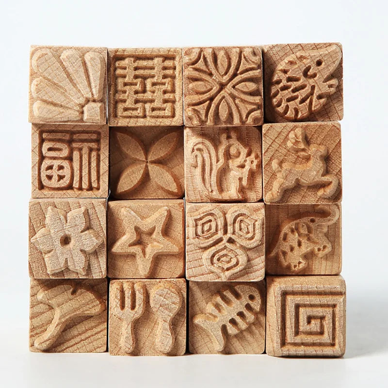 Hand Carved Wooden Stamps For Scrapbooking Sculpture DIY Clay Tools Pottery Printing Blocks Square Emboss Squirrel Leaf Flower