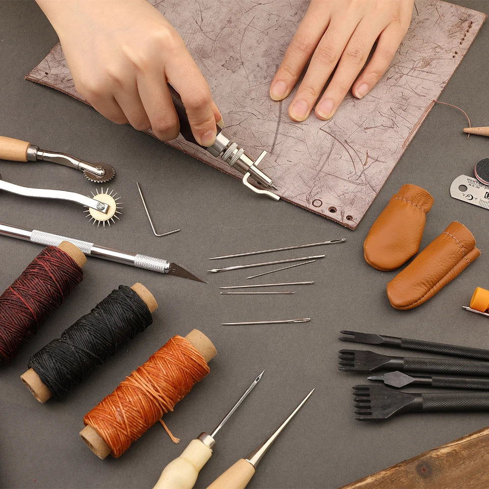 KRABALL Leather Craft Working Tools Stitching Sewing Kit Repair Set with Waxed Thread Groover Awl for Beginners Professionals