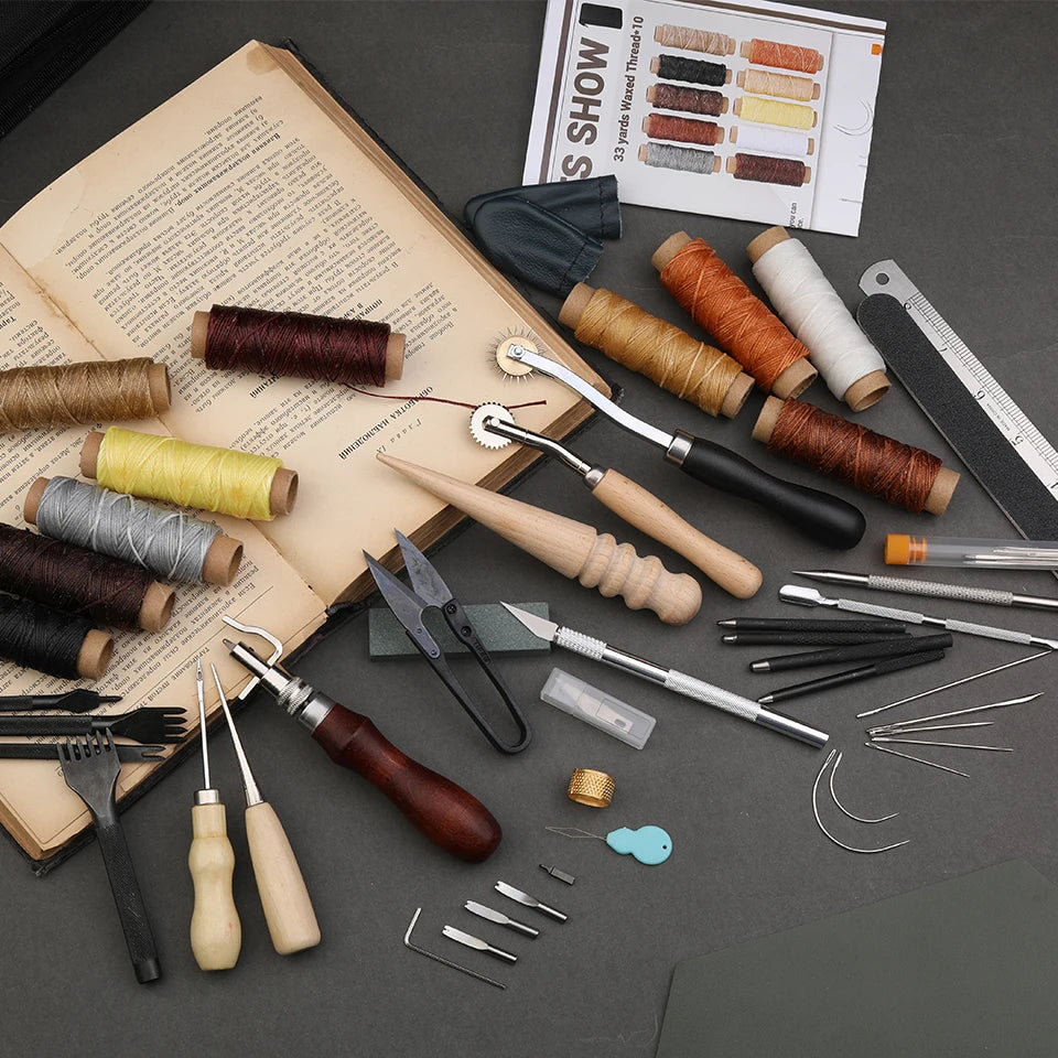 KRABALL Leather Craft Working Tools Stitching Sewing Kit Repair Set with Waxed Thread Groover Awl for Beginners Professionals