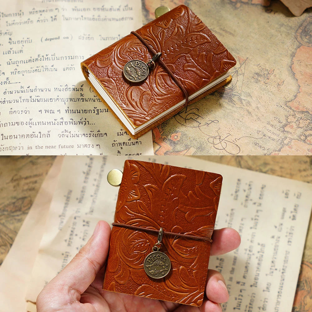 Genuine Leather Traveler's Notebook Carved Pattern Planner Mini Notebooks Journal Handmade Diary Sketchbook Planner Stationery
