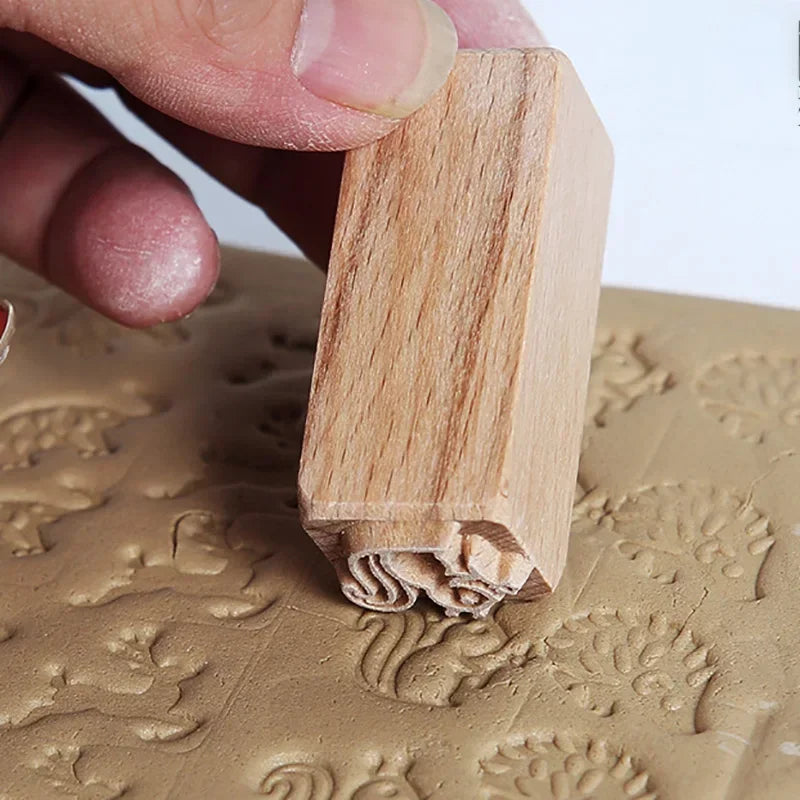 Hand Carved Wooden Stamps For Scrapbooking Sculpture DIY Clay Tools Pottery Printing Blocks Square Emboss Squirrel Leaf Flower