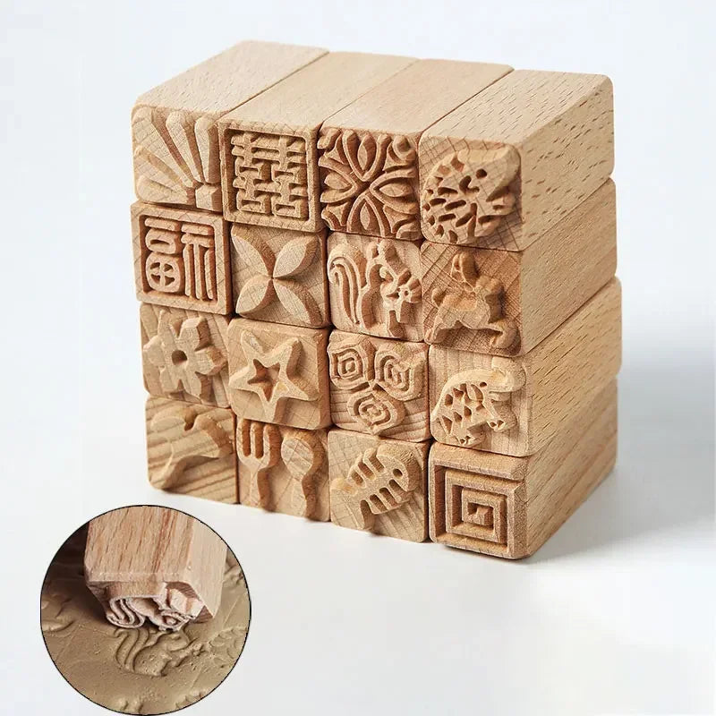 Hand Carved Wooden Stamps For Scrapbooking Sculpture DIY Clay Tools Pottery Printing Blocks Square Emboss Squirrel Leaf Flower