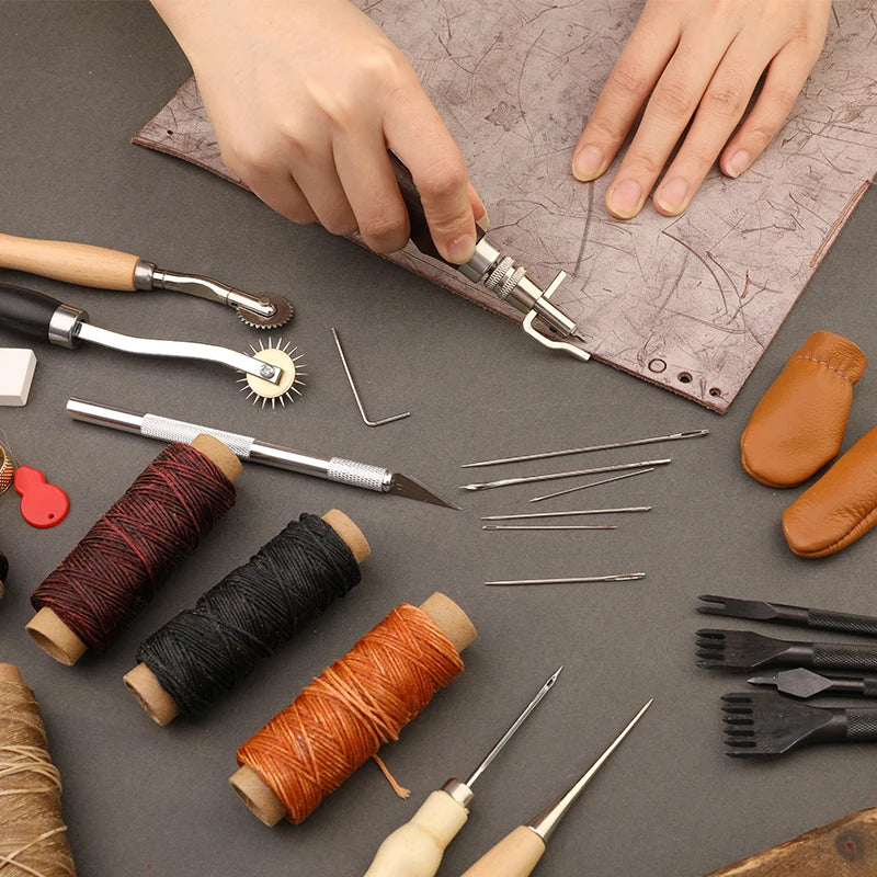 KRABALL Leather Craft Working Tools Stitching Sewing Kit Repair Set with Waxed Thread Groover Awl for Beginners Professionals