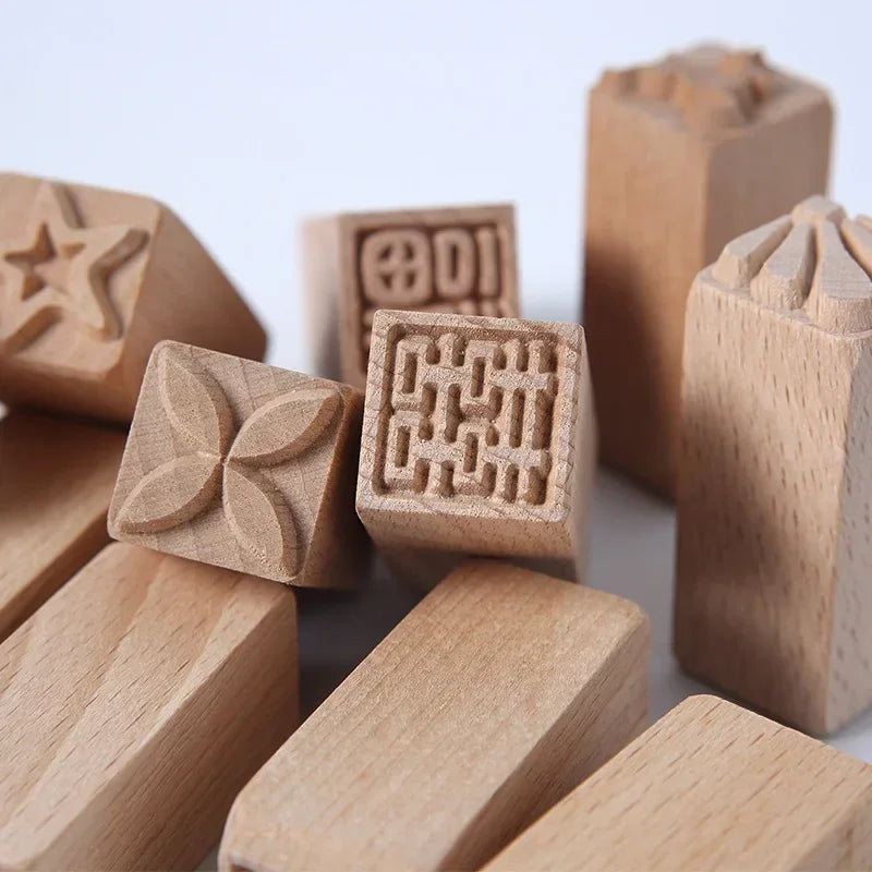 Hand Carved Wooden Stamps For Scrapbooking Sculpture DIY Clay Tools Pottery Printing Blocks Square Emboss Squirrel Leaf Flower