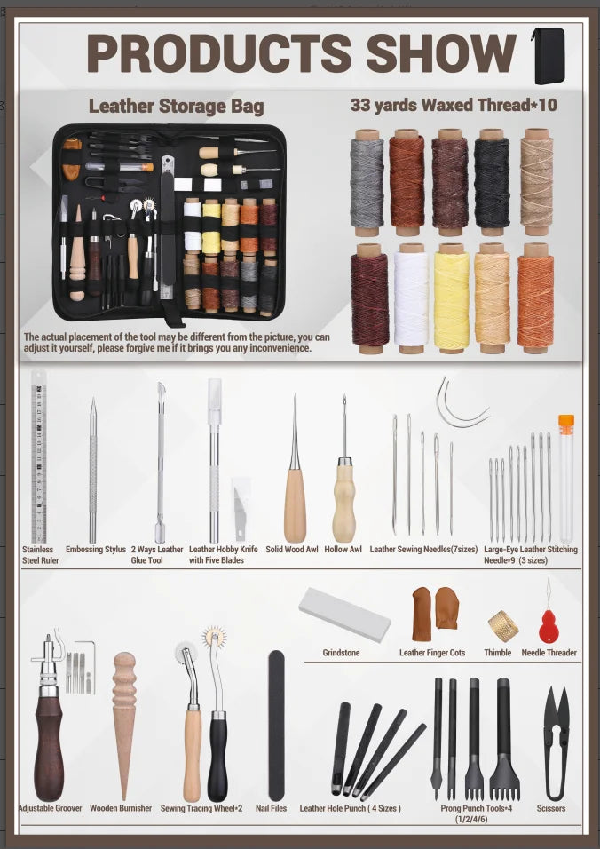KRABALL Leather Craft Working Tools Stitching Sewing Kit Repair Set with Waxed Thread Groover Awl for Beginners Professionals
